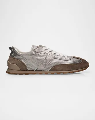 Brunello Cucinelli Monili Pull-Tab Crinkle-Effect Leather Low-Top Sneakers