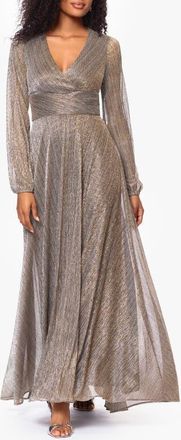 Betsy & Adam Long Sleeve Metallic Knit Gown in Mocha/Gold at Nordstrom, Size 12P