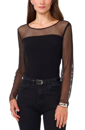 Vince Camuto Rhinestone Fishnet Long Sleeve Top in Rich Black at Nordstrom, Size Medium
