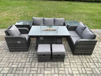 Fimous Garden Patio Furniture Wicker Rattan Gas Fire Pit Table & Sofa Chair set with 2 Side Tables 2 Small Footstool in Dark Grey