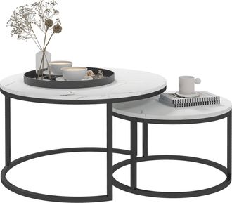 HOMCOM 2 Pcs Stacking Coffee Table Set Steel Frame - Marble-Effect White | TJ Hughes