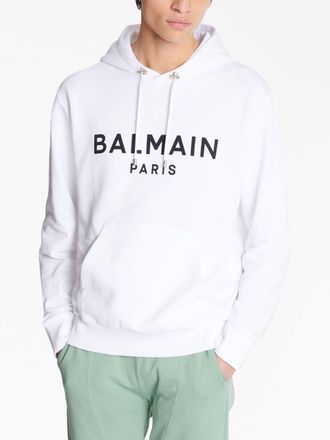 Balmain Mens Logo Printed Hoodie in White Cotton - Size 2XL