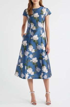 Sachin & Babi Jackie Floral Print Satin Cocktail Dress in Steel Blue Blooms at Nordstrom Rack, Size 2