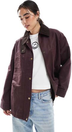 Asos Giacca cerata stretta in vita color prugna con colletto a contrasto-Viola