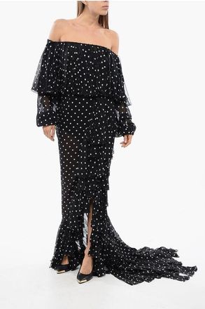 Balmain Lange off-shoulderjurk met franjes en stippen in zwart