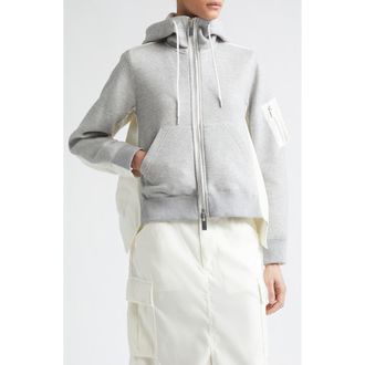 sacai Sponge Sweat x Nylon Twill Full Zip Hoodie in Light Gray/Off White at Nordstrom, Size 2