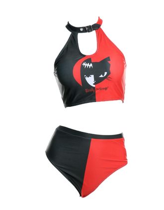 Emily The Strange Womens High Neck Top with High-Waisted Bottom Two Piece Bikini Set Bathing Suit, Black and Red, S