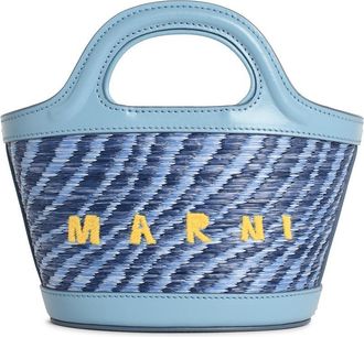 Marni Micro Tropicalia tas in lichtblauw leer en stof met raffia-effect