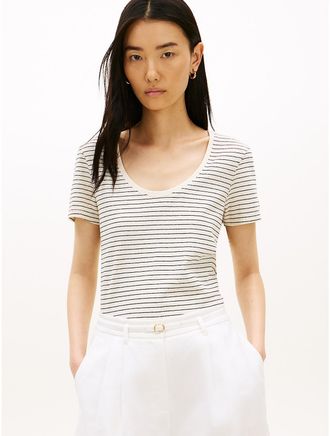 Tommy Hilfiger Womens Scoop Neck Linen-Blend T-Shirt - White - XXS