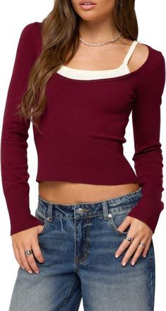 Edikted Cecile Layered Long Sleeve Crop Top in Burgundy-And-Cream at Nordstrom, Size X-Small