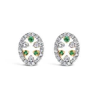 House of Brilliance 14K Yellow Gold Oval Emerald and 1/7 Cttw Diamond Stud Earrings