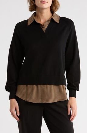 Adrianna Papell V-Neck Twofer Sweater in Black W/Mocha Petite Stripe at Nordstrom Rack, Size X-Small