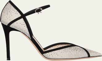 Gianvito Rossi 95mm Suede-Trimmed Crystal-Embellished Mesh Pumps