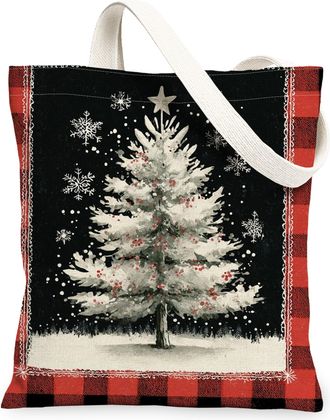 Generic Vintage Tree Canvas Tote Bag, Rustic Holiday Design Reusable Shopping Bags, Lightweight Washable Shoulder Strap Canvas Bags, Black, 13x15 Inch