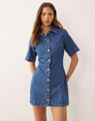 Asos Vestito camicia corto in denim blu medio