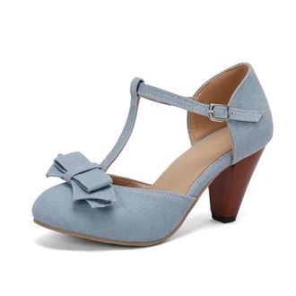 Generic Women Denim T Strap Pumps Round Toe Pointed Heel Bow Decor Adjustable Buckle Ankle Strap Cutout Non Slip Durable Comfortable Dress Party Shoes,Light B