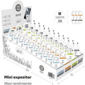 OEM Expositor Basik Cables Blancos 10 Apple+10 Usb-c +10 Micro Usb+10 Cargadores+3 Cables Usb-c Gratis. Tech One Tech