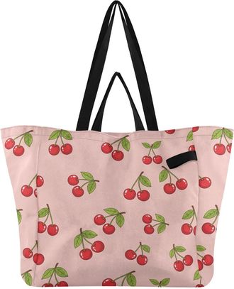 Generic Cherries Leaves Pink pattern Reusable Canvas Tote Bag, Heavy Duty Grocery Shopping Bag with Large Capacity Double Handles Hard Bottom Work Groceries T