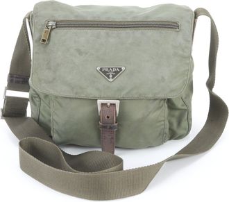 Prada Khaki Leather Nylon Messenger Bag Shoulder Bag (Pre-Owned)