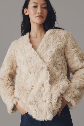 Maeve Faux Fur Collarless Double-Breasted Jacket