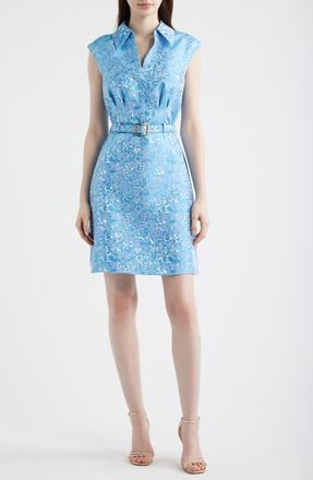 Adrianna Papell Belted Floral Jacquard Sleeveless Cocktail Dress in Blue Multi at Nordstrom, Size 14