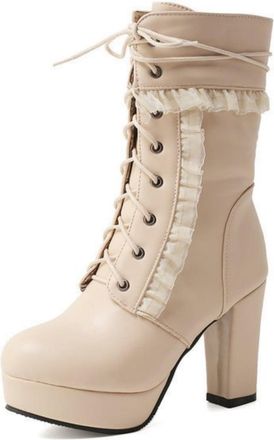 Generic Womens Lace-Up Ankle Boots with A 10 Cm Block Heel, Platform And Ruffle Trim - Elegant Round-Toe Ankle Boots for Autumn And Winter, Ideal for Outdoor 