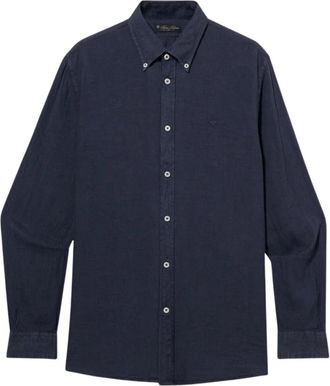 Brooks Brothers Slim Fit Linnen Overhemd met Button Down Kraag - Heren - Casual Overhemden - Blauw - XL - Linnen - Overhemden