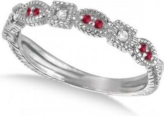 Allurez Vintage Stackable Diamond & Ruby Ring 14k White Gold (0.15ct)
