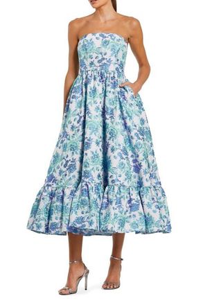 Mac Duggal Floral Brocade Strapless A Line Midi Dress in Blue Multi at Nordstrom, Size 14