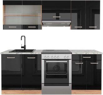 Vicco Mueble De Cocina R-line, Roble Negro/dorado De Alto Brillo, 200 Cm, Et M&aacute;rmol
