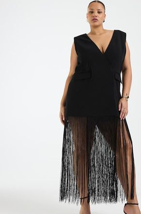 Asos Curve - Blazer senza maniche nero con frange