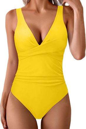 Generic Womens One Piece Swimsuit Tummy Control Swimwear V Neck Ruched Swimming Costume Women Retro Swimsuit Bathing Suits for Beach Swimming Pool