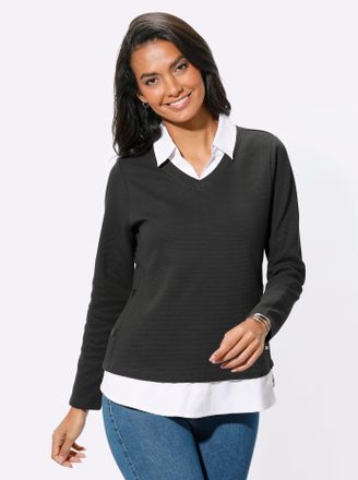 Casual Looks 2-in-1-Shirt CASUAL LOOKS Shirt, Damen, Gr. 42, weiss (graphit, wei&szlig;), 100% Baumwolle, unifarben, V-Ausschnitt, Shirts 2-in-1-Shirt