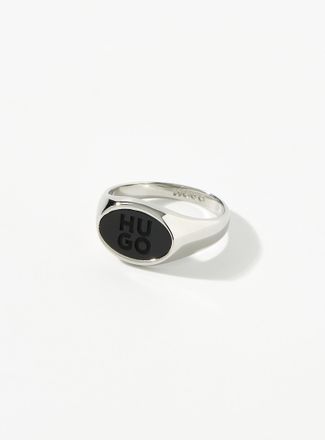 HUGO BOSS Mens Engraved black logo signet ring