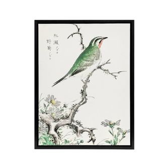 Artery8 Ruby Throat Bird & Wild Camomile Framed Canvas Wall Art Print Kashu | Size: W24 x H32
