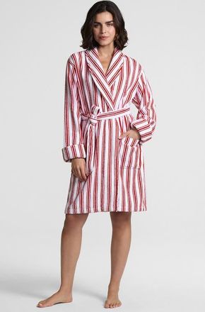 Lands End Soft Terry Long Sleeve Knee Length Robe in White/compass Red Stripe at Nordstrom, Size X-Small