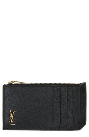 Saint Laurent Fragments Monogram Leather Zip Card Case in Nero at Nordstrom