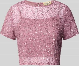 Lace & Beads Cropped T-Shirt mit Strasssteinbesatz in Rose, Größe XXS