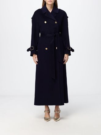 Elisabetta Franchi Cappotto lungo doppiopetto in lana con cintura e mostrine
