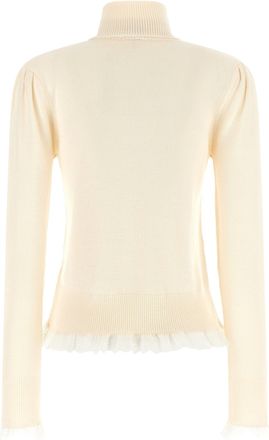 Ganni Merino Wool Turtleneck with Lace Trim Sweater - Cream