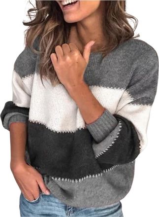 Generic Womens Fall Long Sleeve Light Sweaters 2024 Knitted Batwing Sleeve Winter Fall Comfy Sweaters for Women Trendy Autumn Tops Western Stripe Knit Casual 