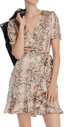 Aqua Snake Print Ruffle Wrap Mini Satin Dress In Beige