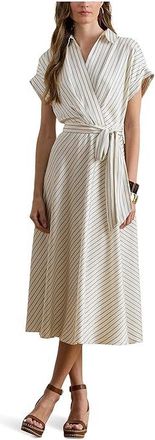 Lauren Ralph Lauren Striped Belted Twill Dress Womens Dress Cream/Blue : 10, Polyester