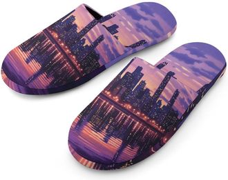 Generic Purple Chicago Skyline Mens Cozy House Slippers Winter Warm Shoes with Anti-Slip Sole for Travel Indoor Outdoor
