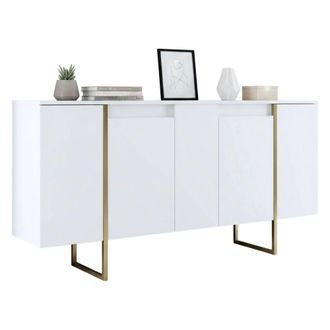 Dmora Aparador Betel, Buf&eacute; De Sal&oacute;n, Aparador De Sal&oacute;n, Despensa De Cocina, 160x35h80 Cm, Blanco Y Oro, Con Embalaje Reforzado - Dmora