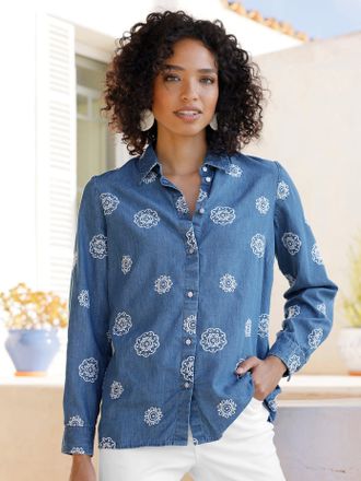 Heine Jeansbluse HEINE, Damen, Gr. 34, blau, bleached, 100% Baumwolle, gebl&uuml;mt, gemustert, mehrfarbig, Rundhals, Blusen Jeansbluse