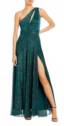 Aqua One Shoulder Crinkled Metallic Gown In Green