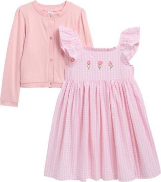 Little Me Kids Tulip Sleeve Dress & Cardigan Set in Pink at Nordstrom, Size 12M