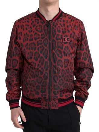 Dolce & Gabbana Mens Redblack Leopard Bomber Jacket - Brown Nylon - Size EU 50 (Mens)