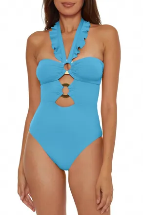 SOLUNA SWIM One Piece Bandeau Swimsuit With Cut Out Neckline In Crystal Sea